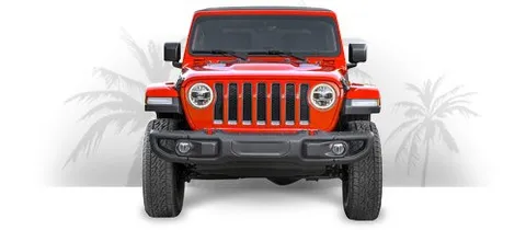 4x4 Red rental Jeep and palm trees